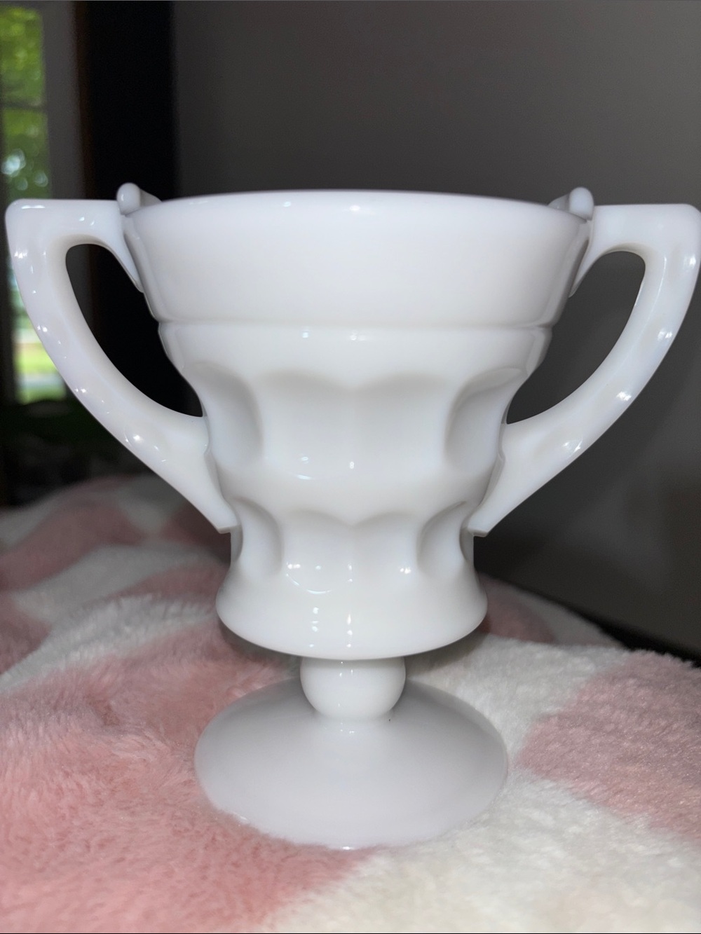 Heirloom by Cambridge Milk glass open sugar Thumbprint Trophy design